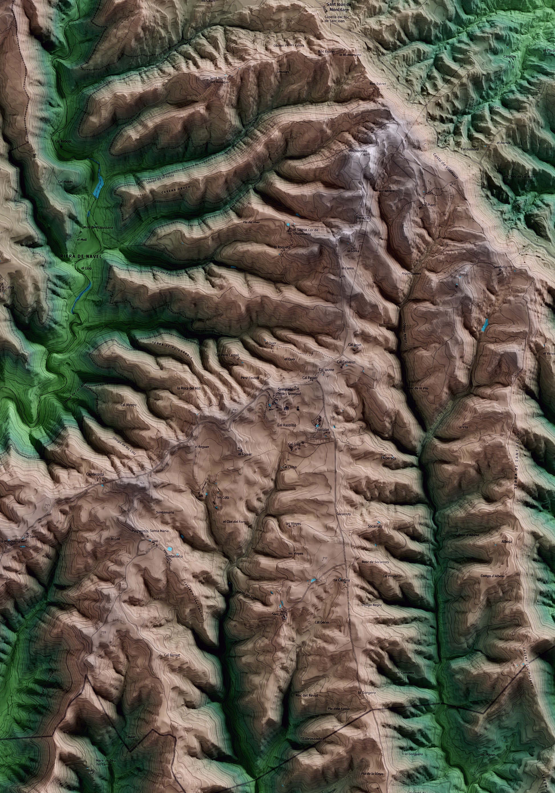 Mapa artístico del relieve de Viver i Serrateix, al Berguedà, con 15 km de entorno y base topográfica ICGC. Detalle de la zona central.
