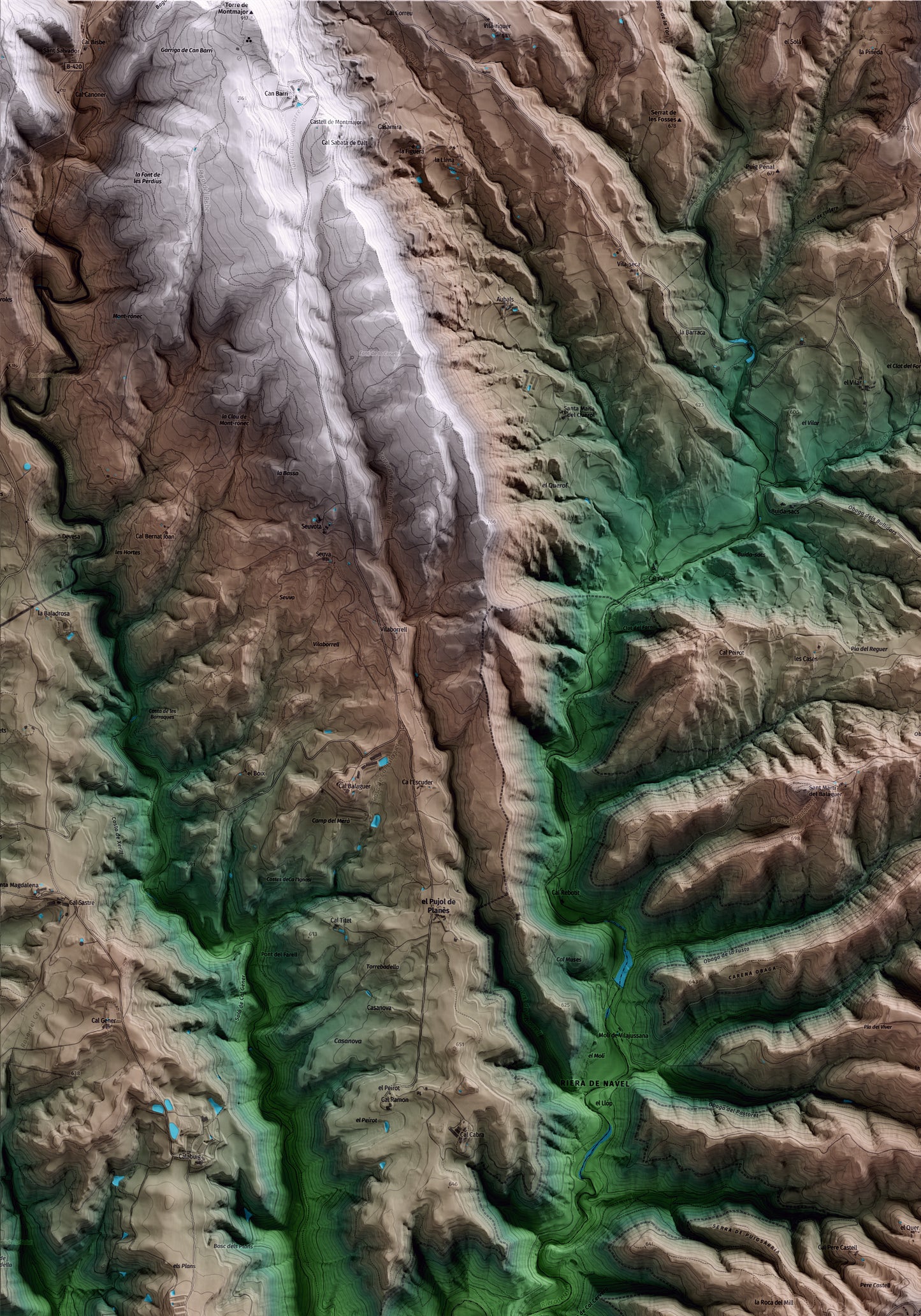 Mapa artístico del relieve de Viver i Serrateix, al Berguedà, con 15 km de entorno y base topográfica ICGC. Detalle de la zona superior izquierda.
