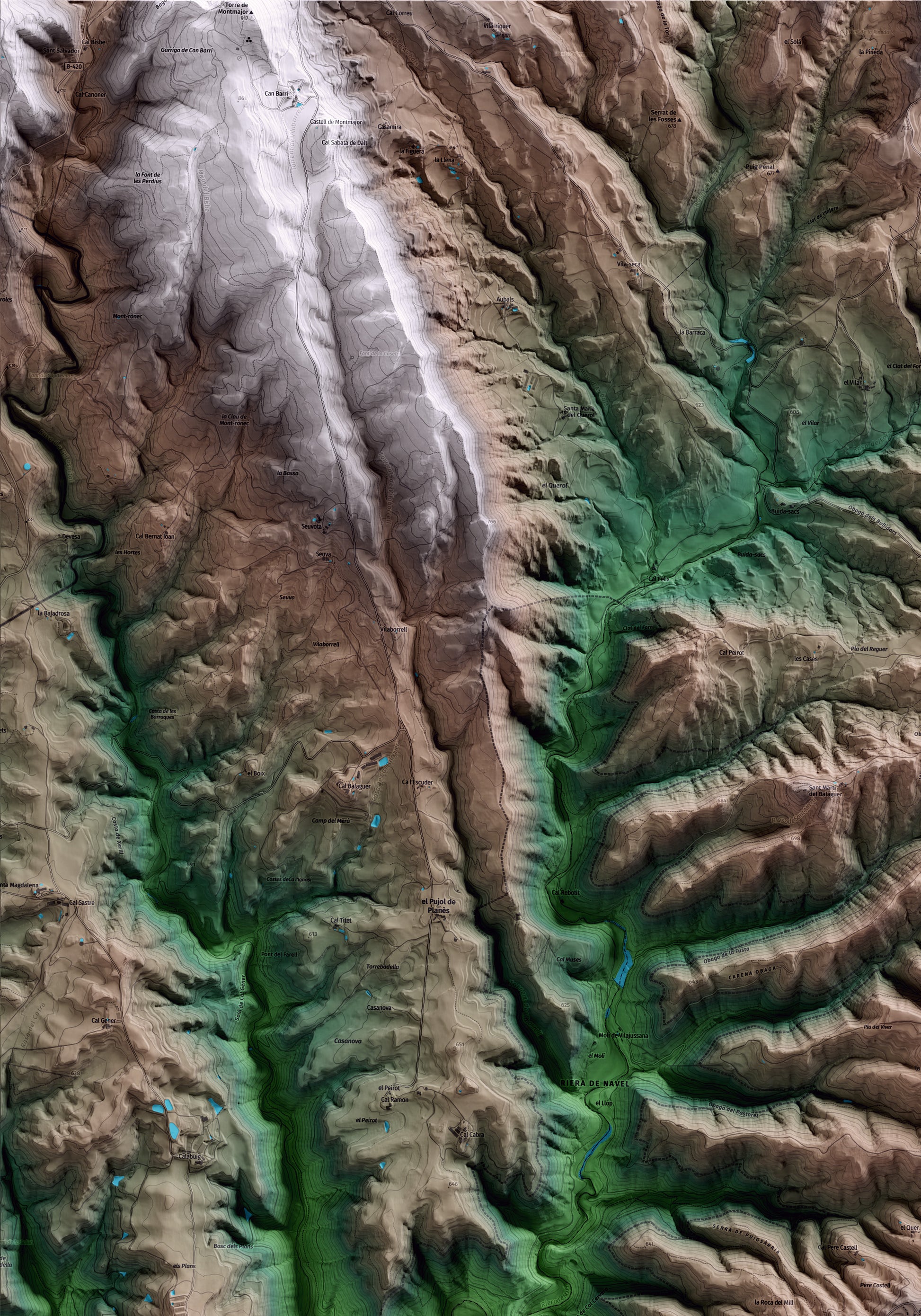 Mapa artístico del relieve de Viver i Serrateix, al Berguedà, con 15 km de entorno y base topográfica ICGC. Detalle de la zona superior izquierda.