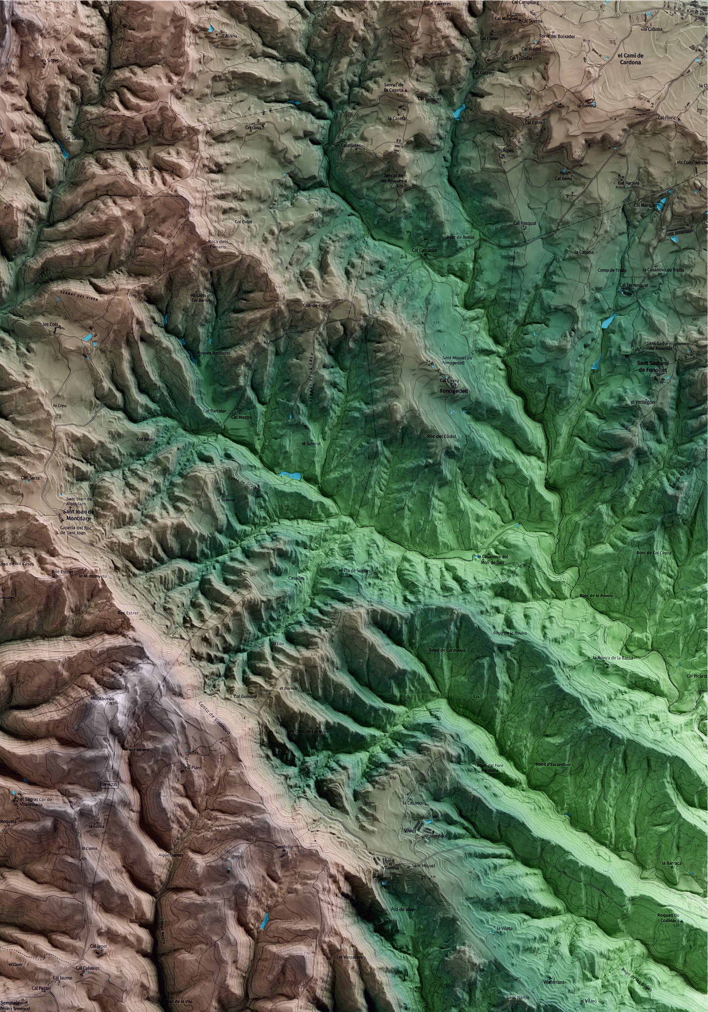 Mapa artístico del relieve de Viver i Serrateix, al Berguedà, con 15 km de entorno y base topográfica ICGC. Detalle de la zona superior derecha.