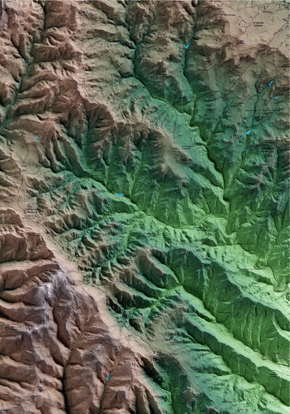 Mapa artístico del relieve de Viver i Serrateix, al Berguedà, con 15 km de entorno y base topográfica ICGC. Detalle de la zona superior derecha.