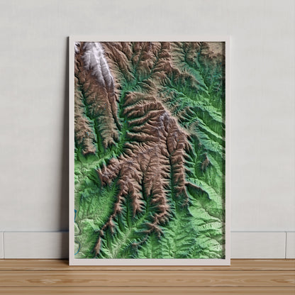 Mapa artístico del relieve de Viver i Serrateix, al Berguedà, con 15 km de entorno y base topográfica ICGC. Presentación enmarcada.
