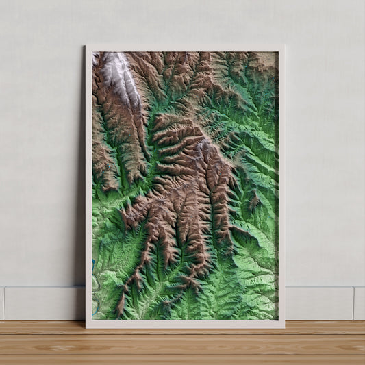 Mapa artístico del relieve de Viver i Serrateix, al Berguedà, con 15 km de entorno y base topográfica ICGC. Presentación enmarcada.