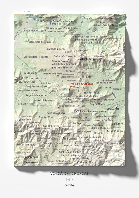 Mapa de relieve de Volcà del Croscat, 789 m, Garrotxa, lámina 100 Cims de Trobart 21 × 30 cm.