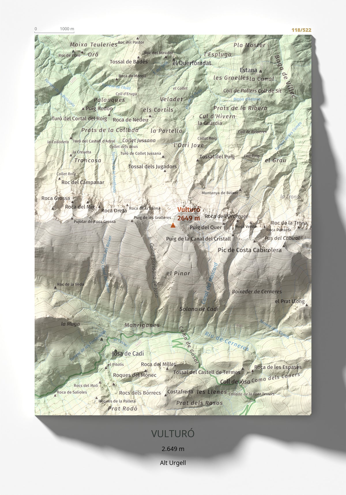 Mapa de relieve de Vulturó, 2649 m, Alt Urgell, lámina 100 Cims de Trobart 21 × 30 cm.