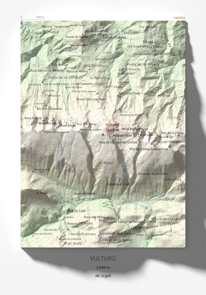 Mapa de relieve de Vulturó, 2649 m, Alt Urgell, lámina 100 Cims de Trobart 21 × 30 cm.