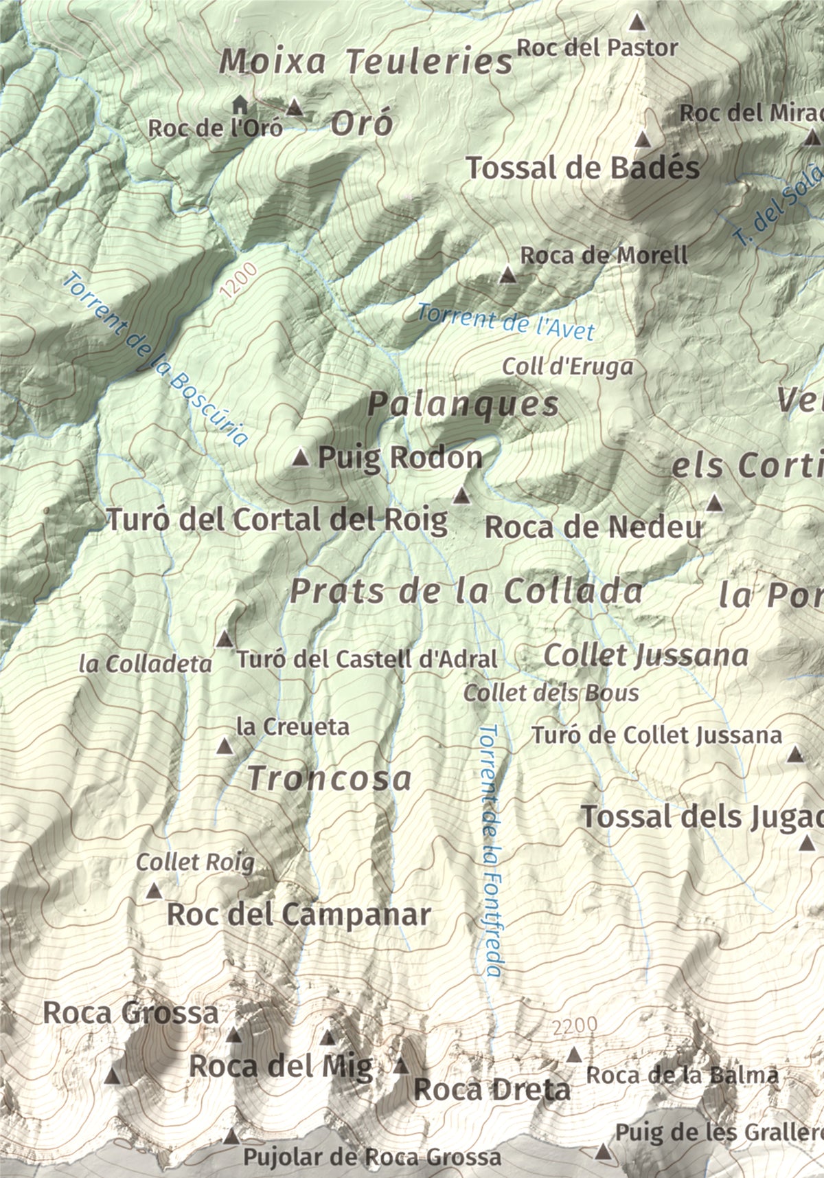 Mapa de relieve de Vulturó, 2649 m, Alt Urgell, lámina 100 Cims de Trobart. Detalle de la zona superior izquierda. 21 × 30 cm.