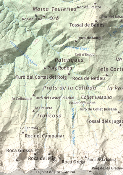 Mapa de relieve de Vulturó, 2649 m, Alt Urgell, lámina 100 Cims de Trobart. Detalle de la zona superior izquierda. 21 × 30 cm.