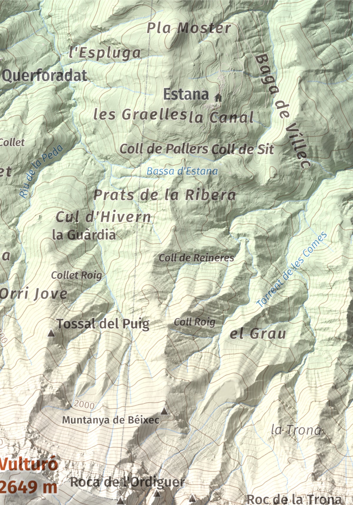Mapa de relieve de Vulturó, 2649 m, Alt Urgell, lámina 100 Cims de Trobart. Detalle de la zona superior derecha. 21 × 30 cm.
