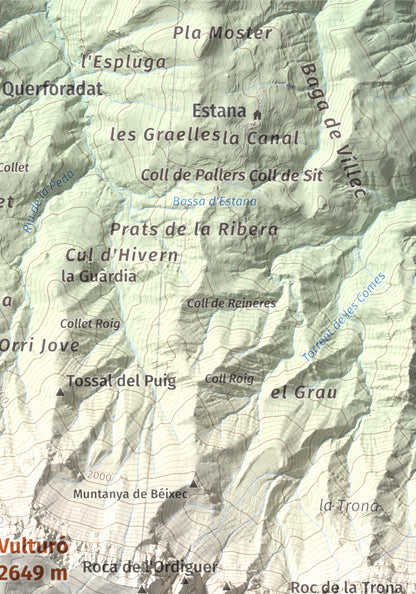 Mapa de relieve de Vulturó, 2649 m, Alt Urgell, lámina 100 Cims de Trobart. Detalle de la zona superior derecha. 21 × 30 cm.