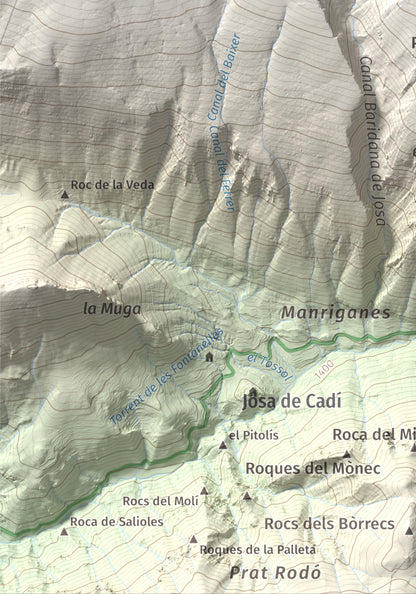 Mapa de relieve de Vulturó, 2649 m, Alt Urgell, lámina 100 Cims de Trobart. Detalle de la zona inferior izquierda. 21 × 30 cm.