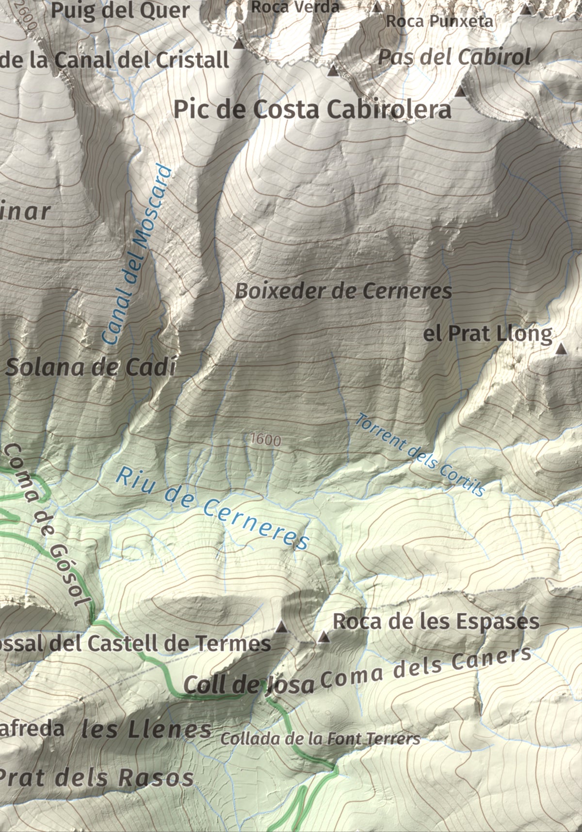 Mapa de relieve de Vulturó, 2649 m, Alt Urgell, lámina 100 Cims de Trobart. Detalle de la zona inferior derecha. 21 × 30 cm.