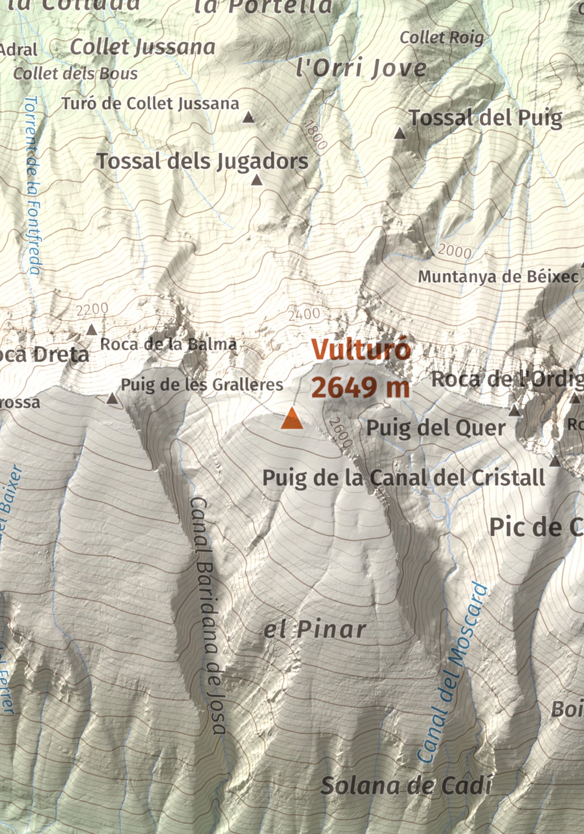 Mapa de relieve de Vulturó, 2649 m, Alt Urgell, lámina 100 Cims de Trobart. Detalle de la zona central. 21 × 30 cm.