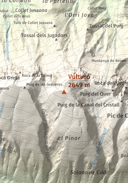 Mapa de relieve de Vulturó, 2649 m, Alt Urgell, lámina 100 Cims de Trobart. Detalle de la zona central. 21 × 30 cm.