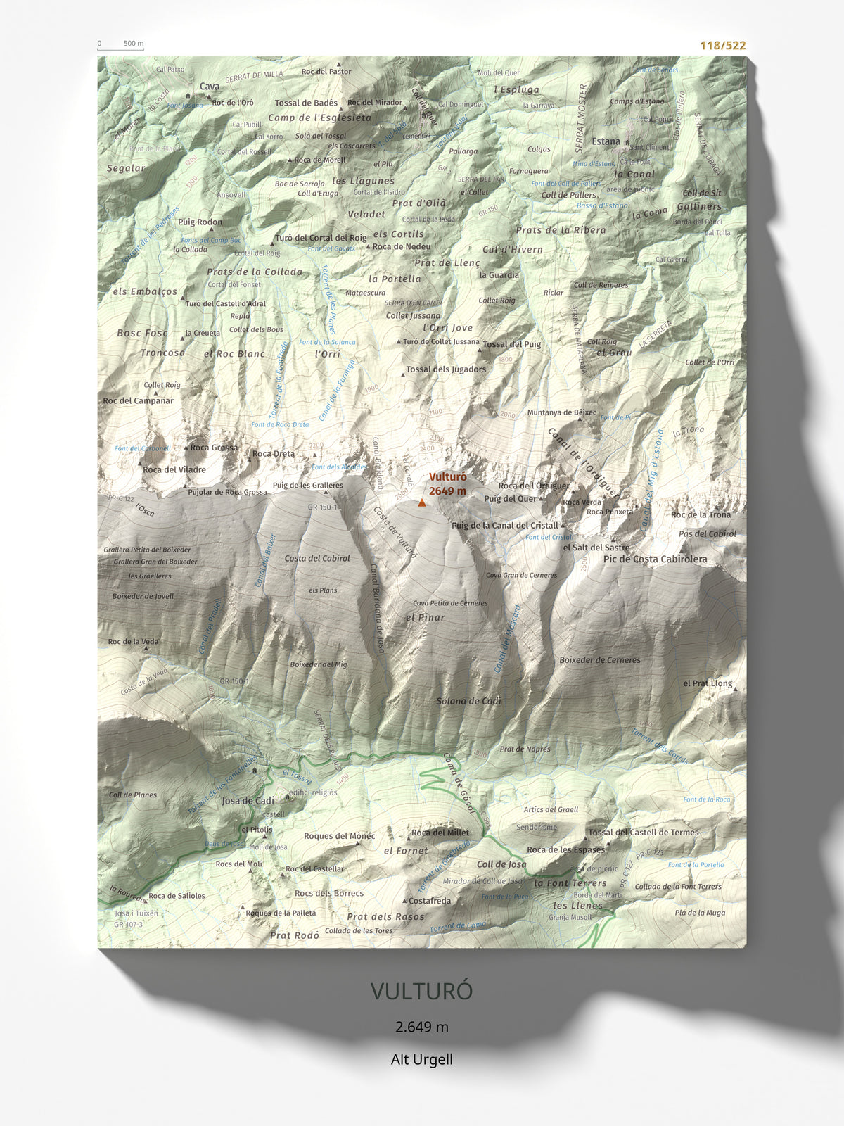 Mapa de relieve de Vulturó, 2649 m, Alt Urgell, lámina 100 Cims de Trobart 30 × 40 cm.