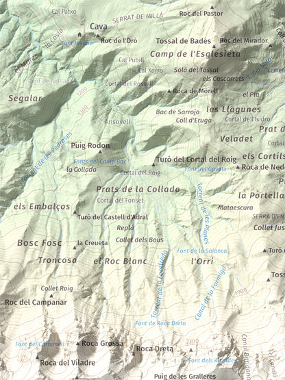 Mapa de relieve de Vulturó, 2649 m, Alt Urgell, lámina 100 Cims de Trobart. Detalle de la zona superior izquierda. 30 × 40 cm.