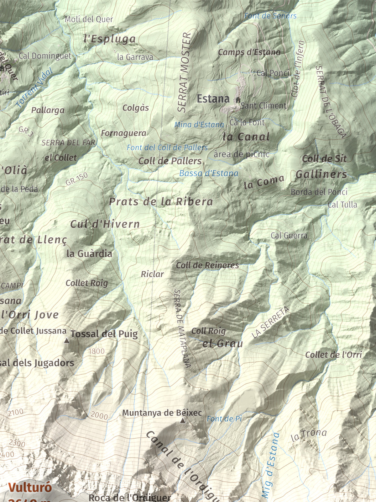 Mapa de relieve de Vulturó, 2649 m, Alt Urgell, lámina 100 Cims de Trobart. Detalle de la zona superior derecha. 30 × 40 cm.