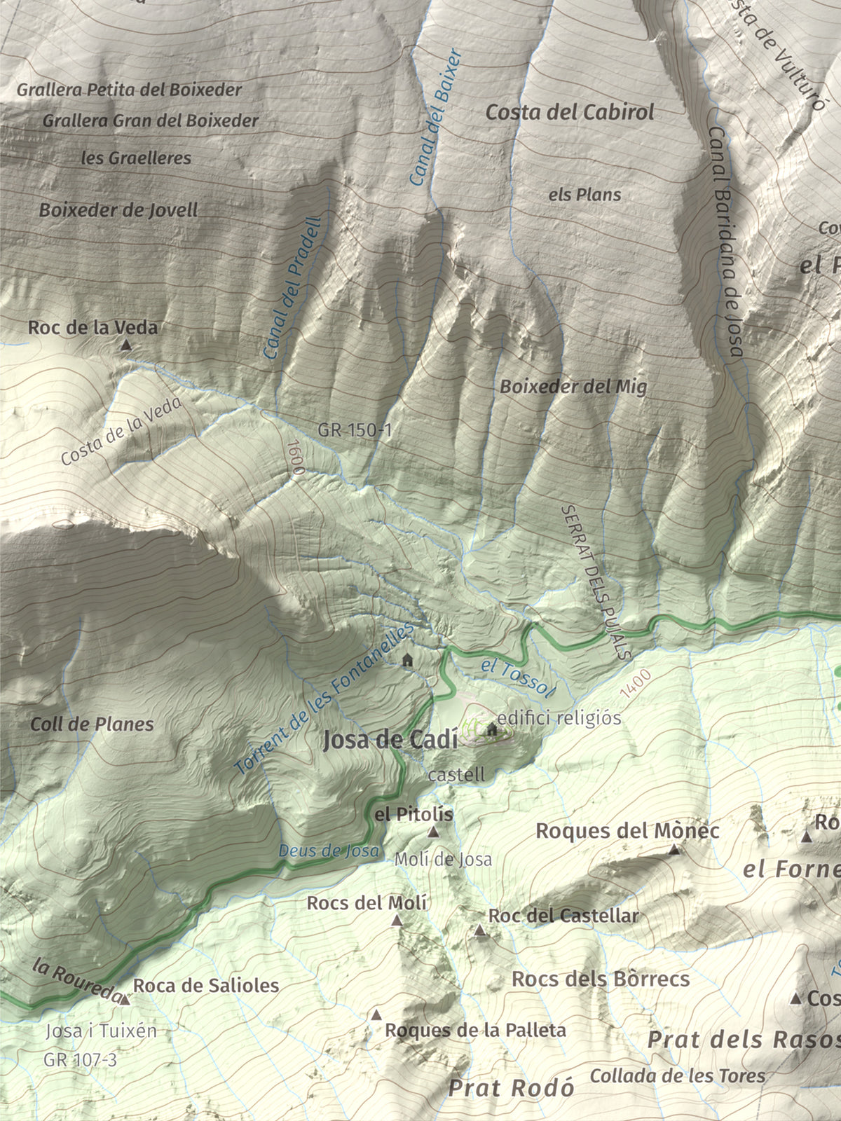 Mapa de relieve de Vulturó, 2649 m, Alt Urgell, lámina 100 Cims de Trobart. Detalle de la zona inferior izquierda. 30 × 40 cm.