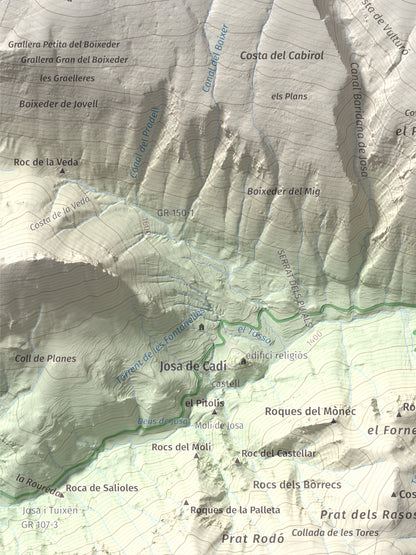 Mapa de relieve de Vulturó, 2649 m, Alt Urgell, lámina 100 Cims de Trobart. Detalle de la zona inferior izquierda. 30 × 40 cm.