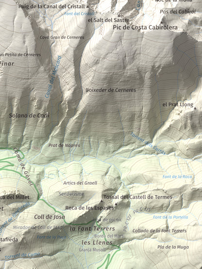 Mapa de relieve de Vulturó, 2649 m, Alt Urgell, lámina 100 Cims de Trobart. Detalle de la zona inferior derecha. 30 × 40 cm.