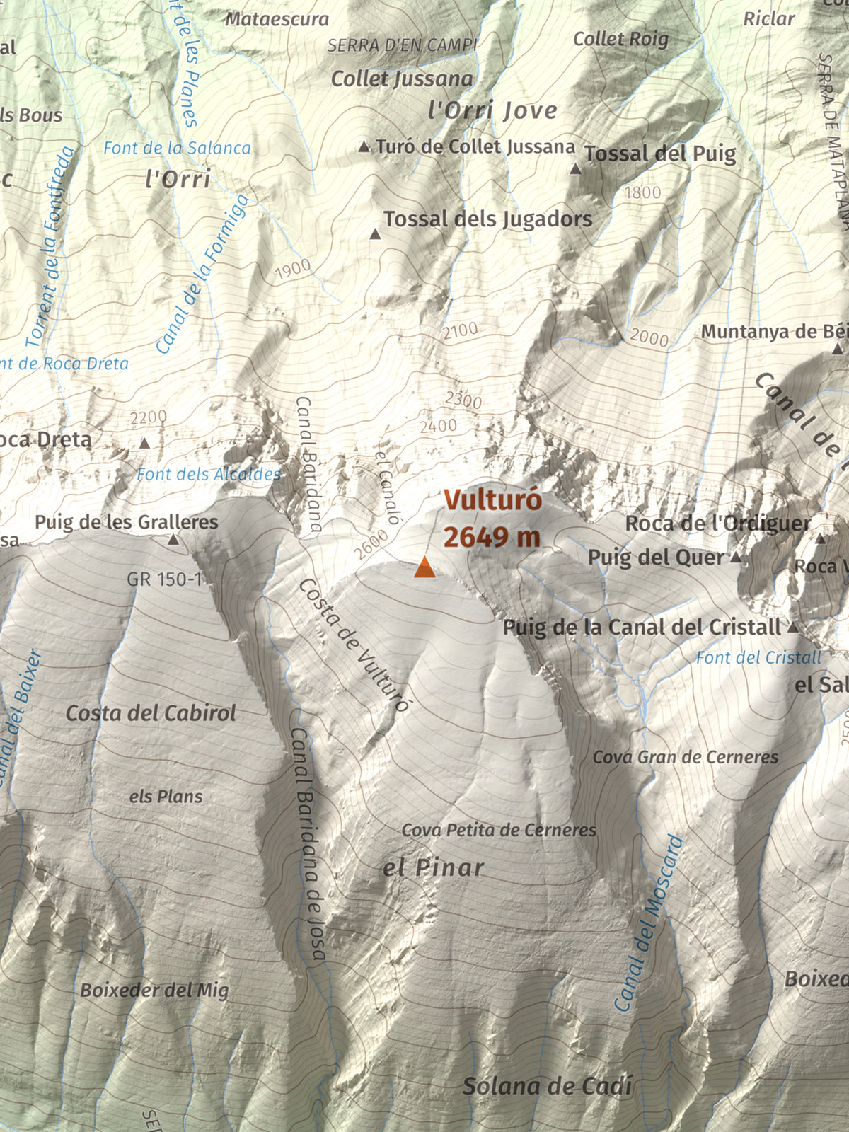 Mapa de relieve de Vulturó, 2649 m, Alt Urgell, lámina 100 Cims de Trobart. Detalle de la zona central. 30 × 40 cm.
