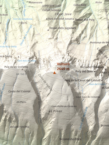 Mapa de relieve de Vulturó, 2649 m, Alt Urgell, lámina 100 Cims de Trobart. Detalle de la zona central. 30 × 40 cm.