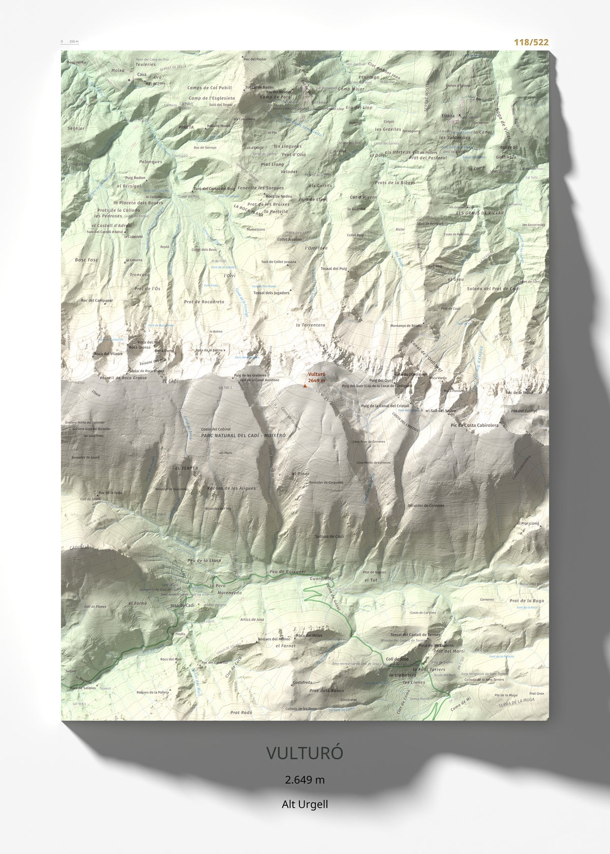 Mapa de relieve de Vulturó, 2649 m, Alt Urgell, lámina 100 Cims de Trobart 50 × 70 cm.