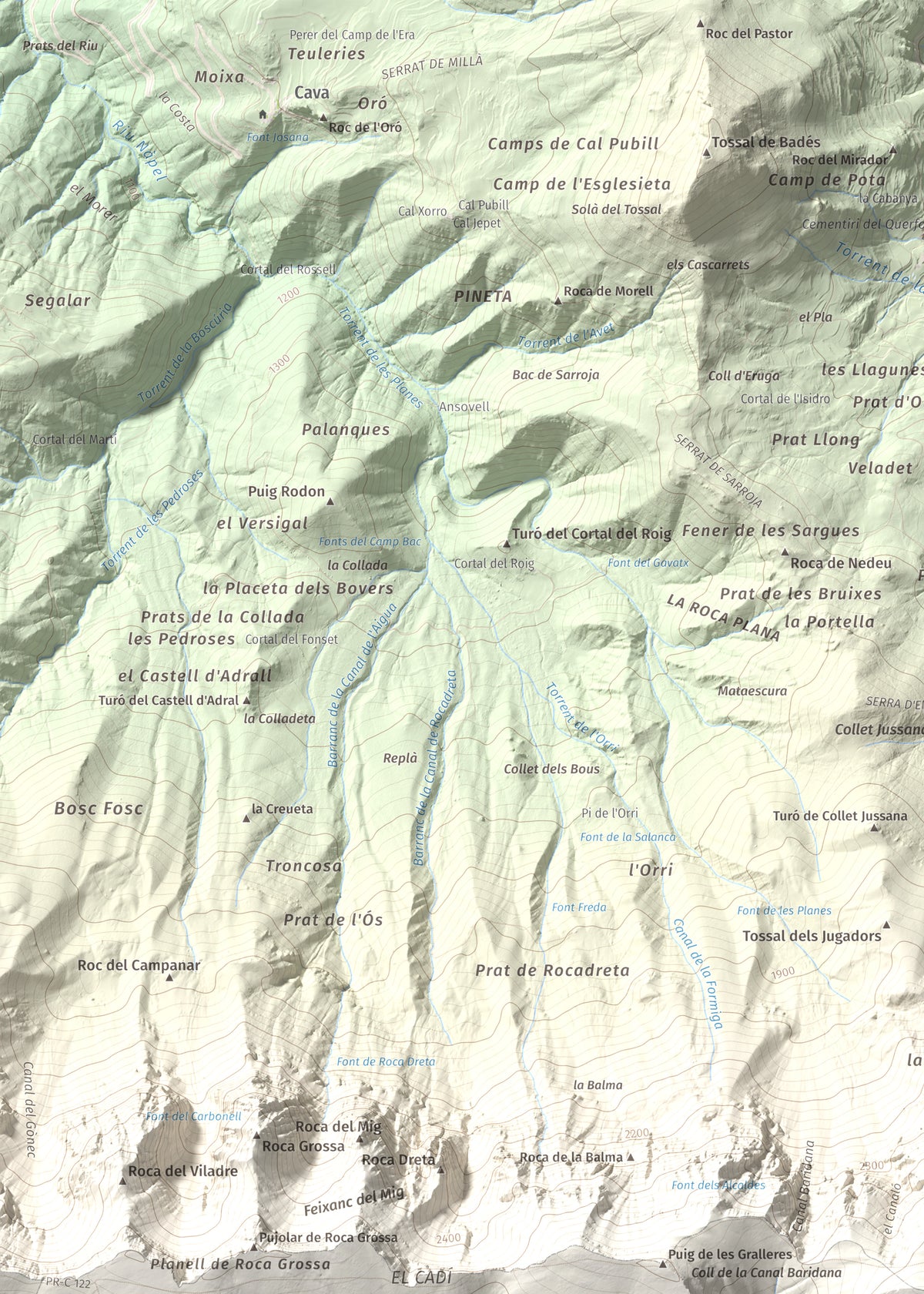 Mapa de relieve de Vulturó, 2649 m, Alt Urgell, lámina 100 Cims de Trobart. Detalle de la zona superior izquierda. 50 × 70 cm.