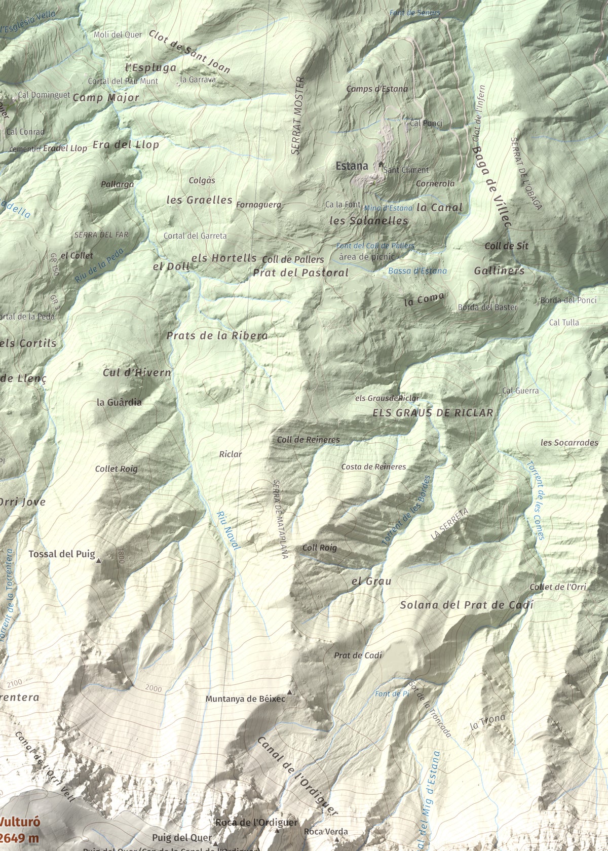 Mapa de relieve de Vulturó, 2649 m, Alt Urgell, lámina 100 Cims de Trobart. Detalle de la zona superior derecha. 50 × 70 cm.