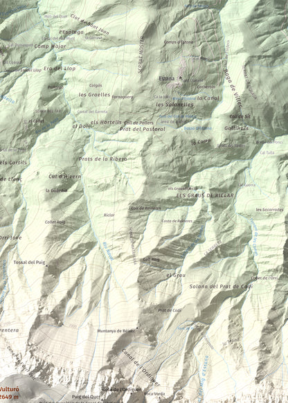 Mapa de relieve de Vulturó, 2649 m, Alt Urgell, lámina 100 Cims de Trobart. Detalle de la zona superior derecha. 50 × 70 cm.
