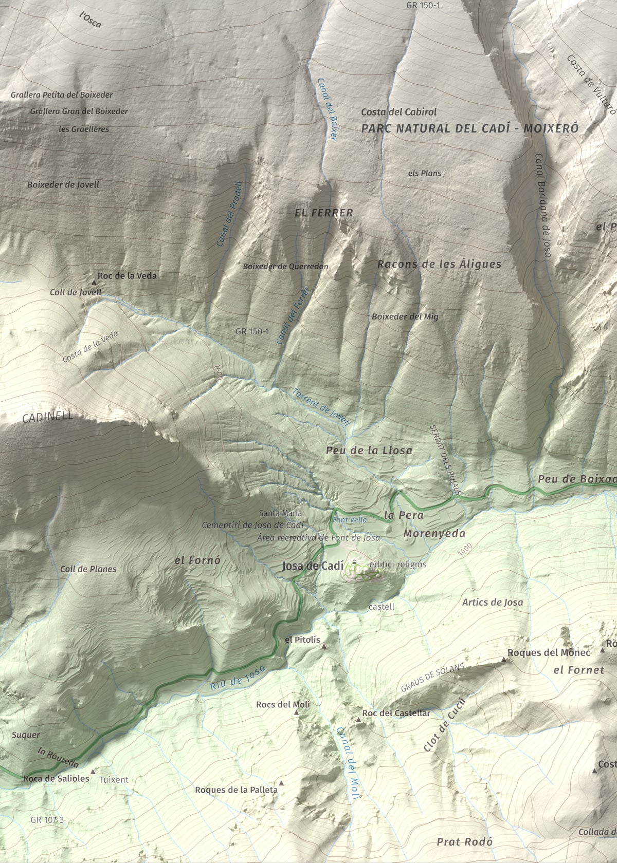 Mapa de relieve de Vulturó, 2649 m, Alt Urgell, lámina 100 Cims de Trobart. Detalle de la zona inferior izquierda. 50 × 70 cm.