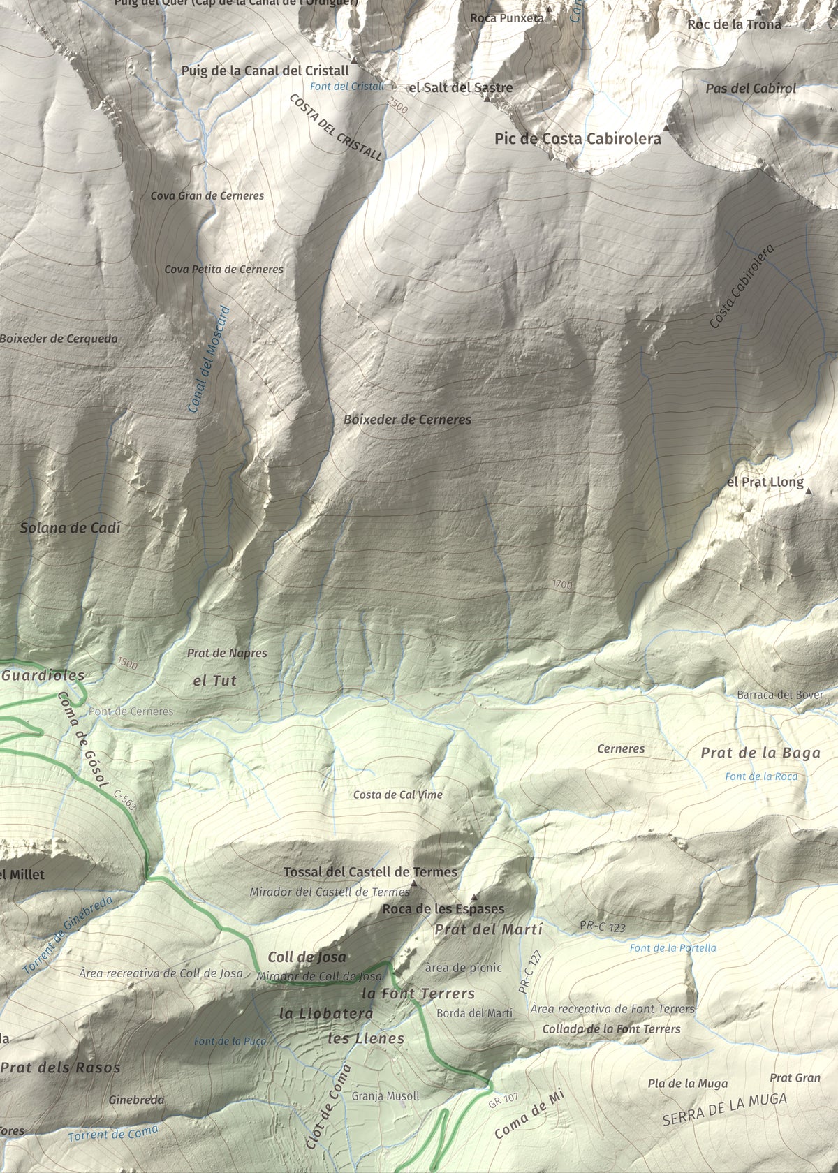 Mapa de relieve de Vulturó, 2649 m, Alt Urgell, lámina 100 Cims de Trobart. Detalle de la zona inferior derecha. 50 × 70 cm.