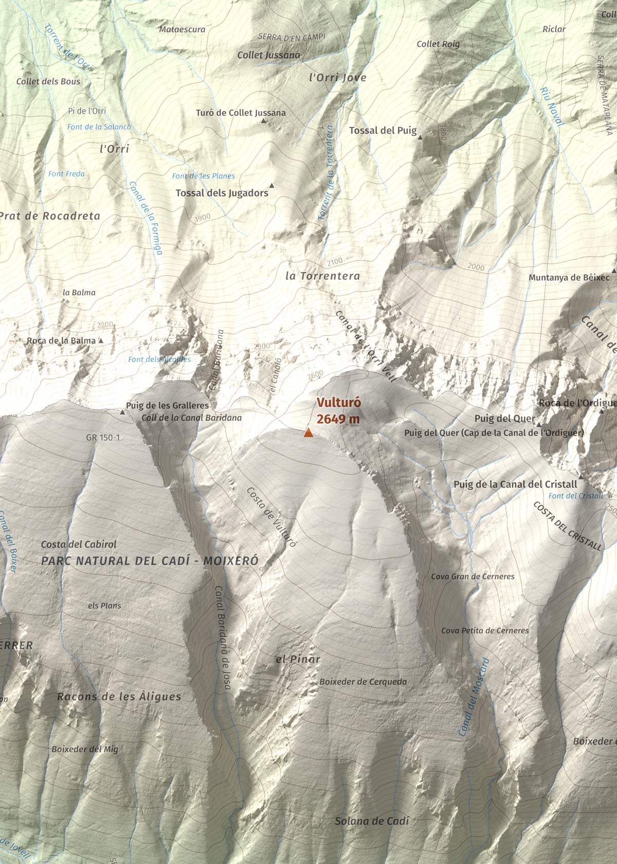 Mapa de relieve de Vulturó, 2649 m, Alt Urgell, lámina 100 Cims de Trobart. Detalle de la zona central. 50 × 70 cm.