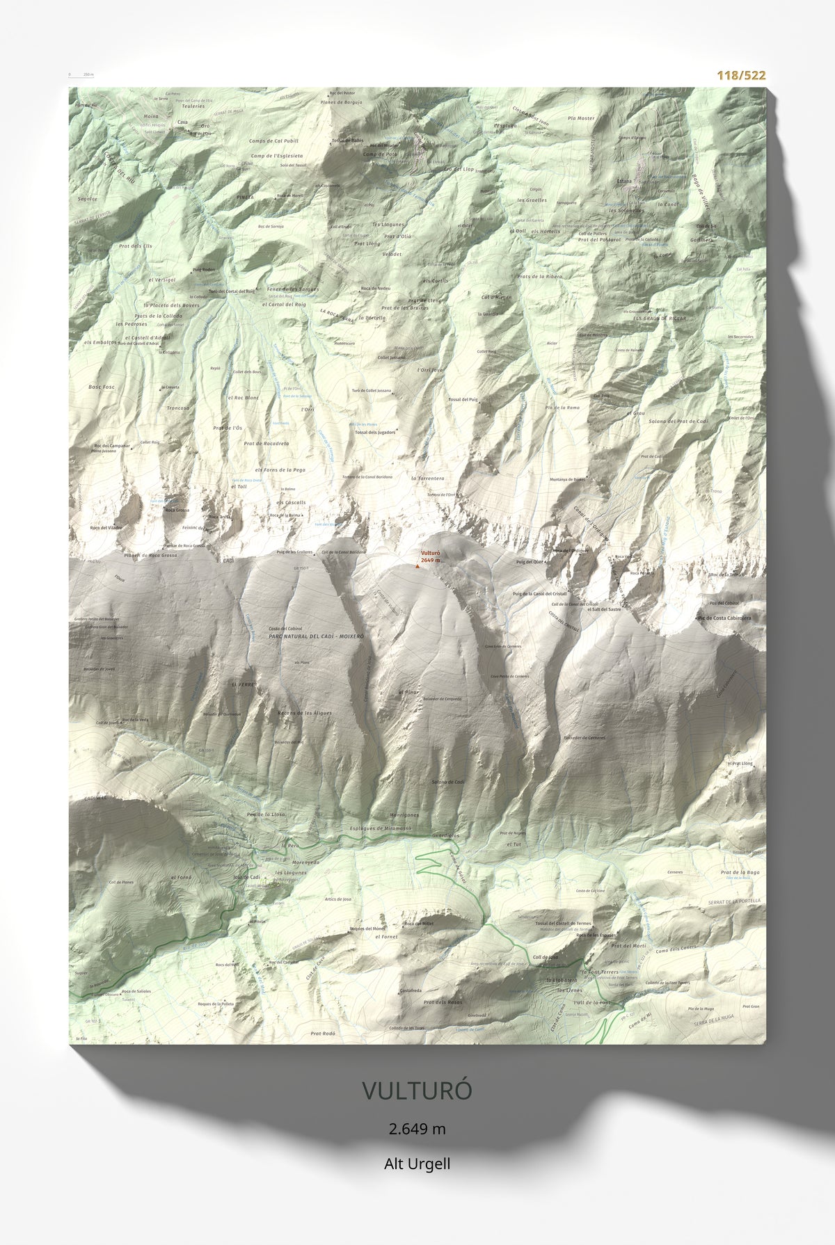 Mapa de relieve de Vulturó, 2649 m, Alt Urgell, lámina 100 Cims de Trobart 61 × 91 cm.