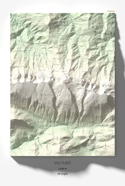 Mapa de relieve de Vulturó, 2649 m, Alt Urgell, lámina 100 Cims de Trobart 61 × 91 cm.