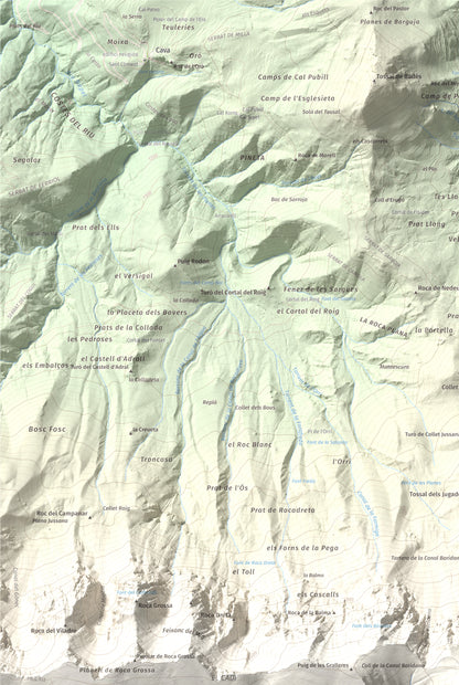 Mapa de relieve de Vulturó, 2649 m, Alt Urgell, lámina 100 Cims de Trobart. Detalle de la zona superior izquierda. 61 × 91 cm.
