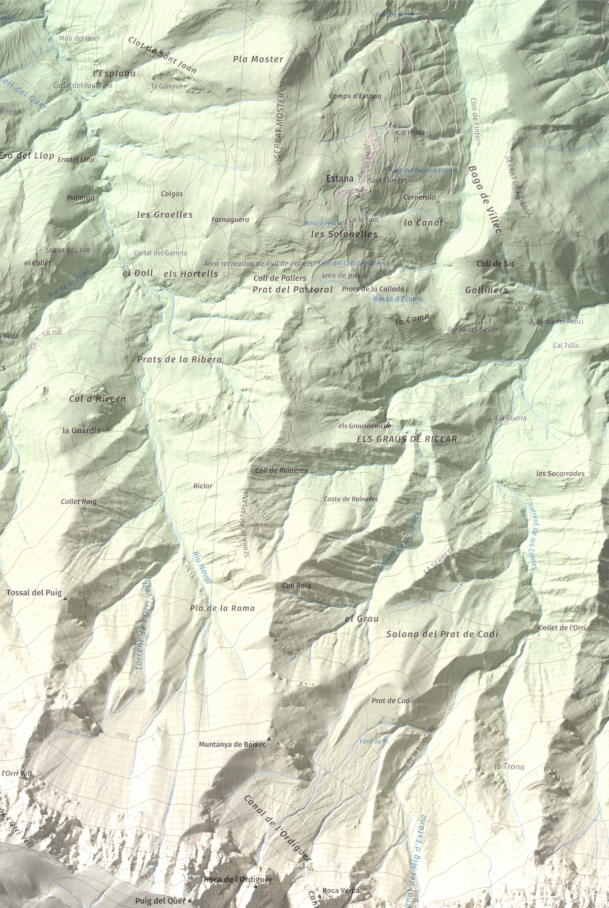 Mapa de relieve de Vulturó, 2649 m, Alt Urgell, lámina 100 Cims de Trobart. Detalle de la zona superior derecha. 61 × 91 cm.