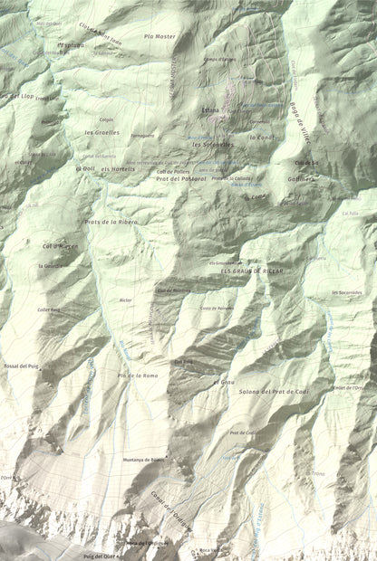 Mapa de relieve de Vulturó, 2649 m, Alt Urgell, lámina 100 Cims de Trobart. Detalle de la zona superior derecha. 61 × 91 cm.