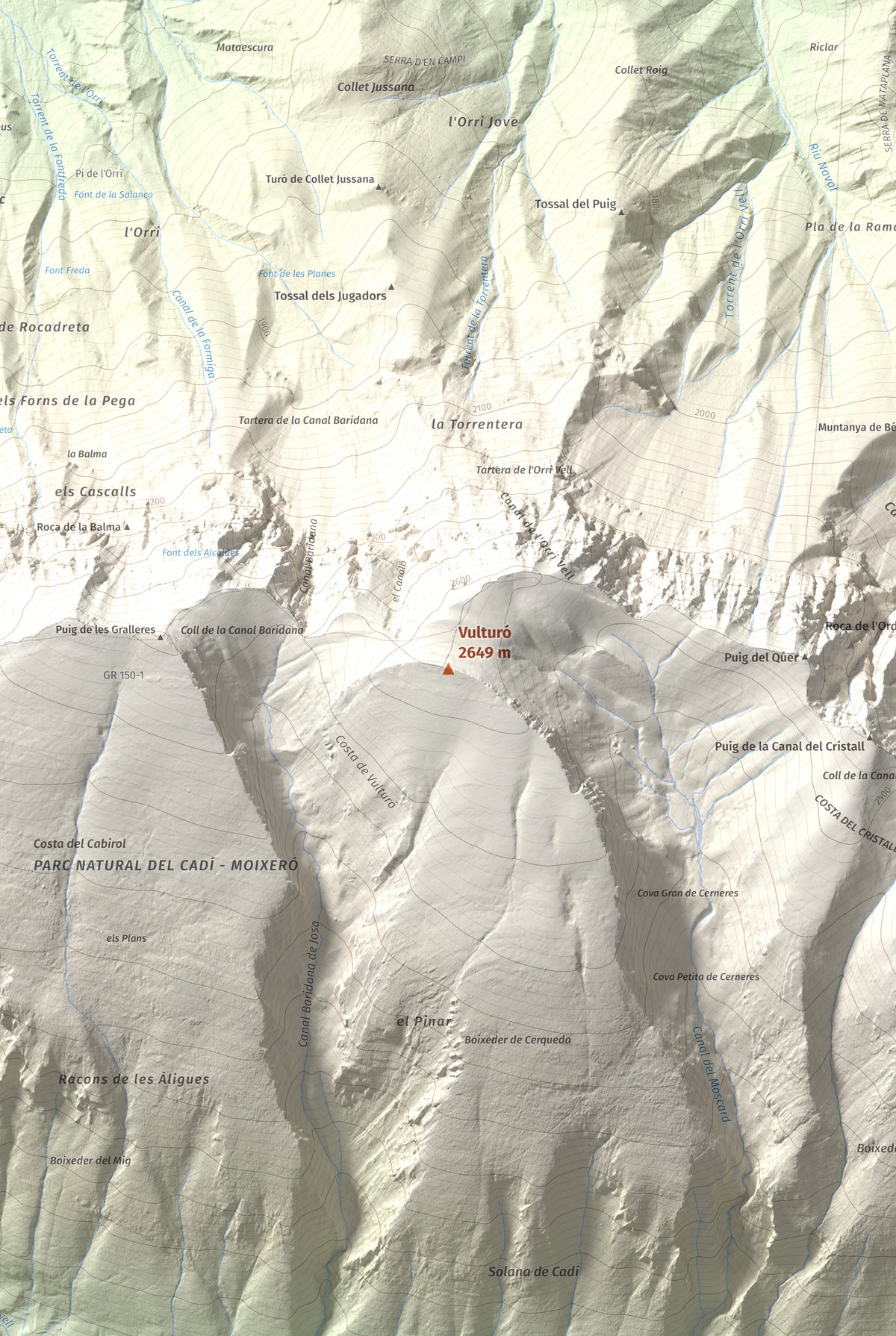 Mapa de relieve de Vulturó, 2649 m, Alt Urgell, lámina 100 Cims de Trobart. Detalle de la zona central. 61 × 91 cm.