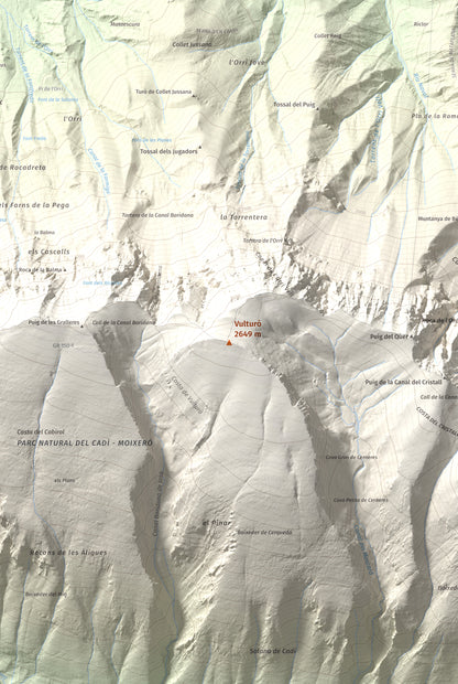 Mapa de relieve de Vulturó, 2649 m, Alt Urgell, lámina 100 Cims de Trobart. Detalle de la zona central. 61 × 91 cm.