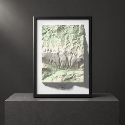 Mapa de relieve de Vulturó, 2649 m, Alt Urgell, lámina 100 Cims de Trobart. Presentación enmarcada. 70 × 100 cm.