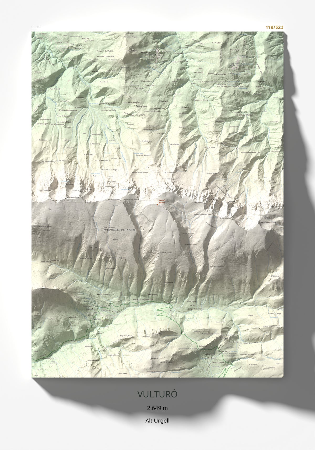 Mapa de relieve de Vulturó, 2649 m, Alt Urgell, lámina 100 Cims de Trobart 70 × 100 cm.