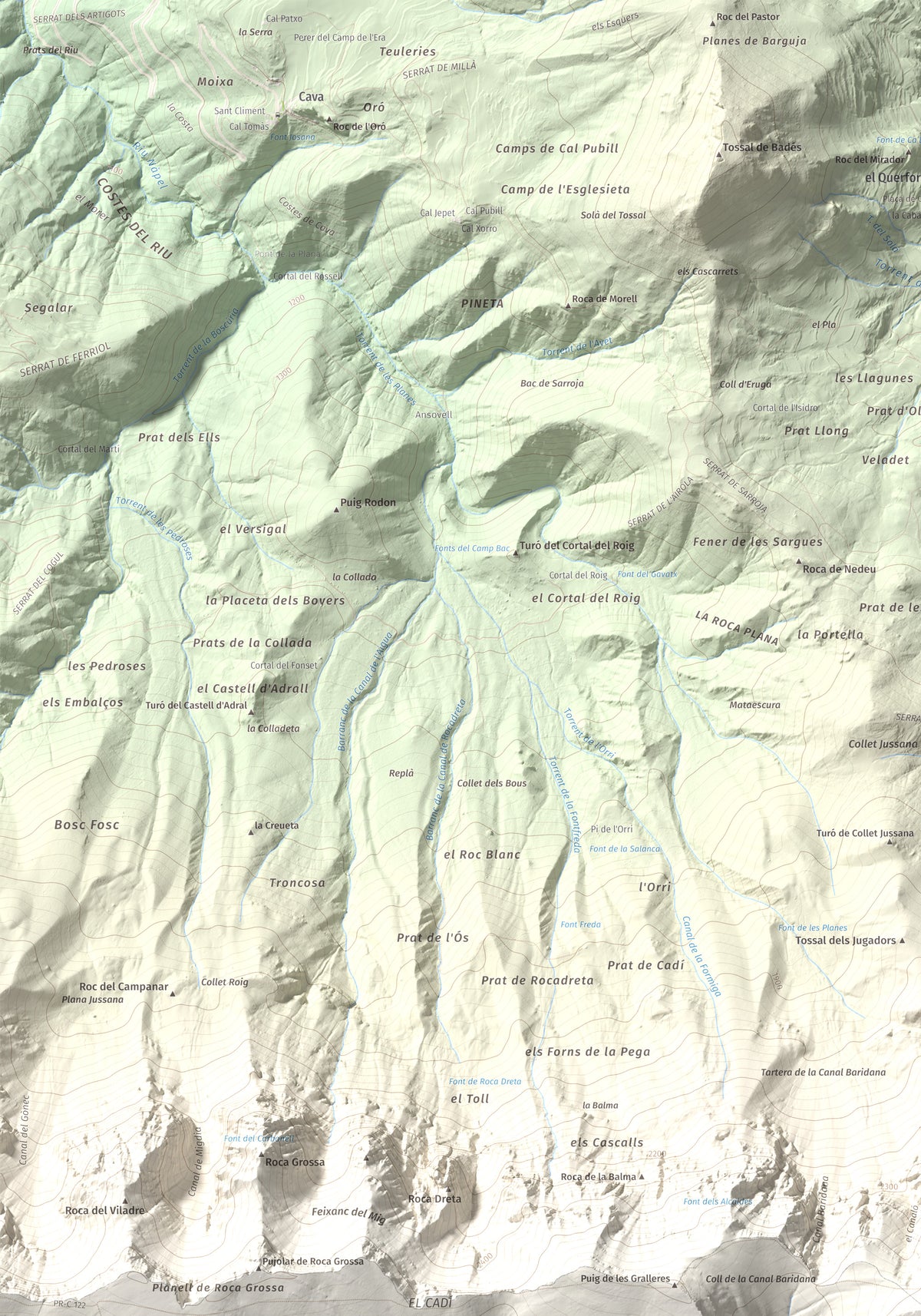 Mapa de relieve de Vulturó, 2649 m, Alt Urgell, lámina 100 Cims de Trobart. Detalle de la zona superior izquierda. 70 × 100 cm.