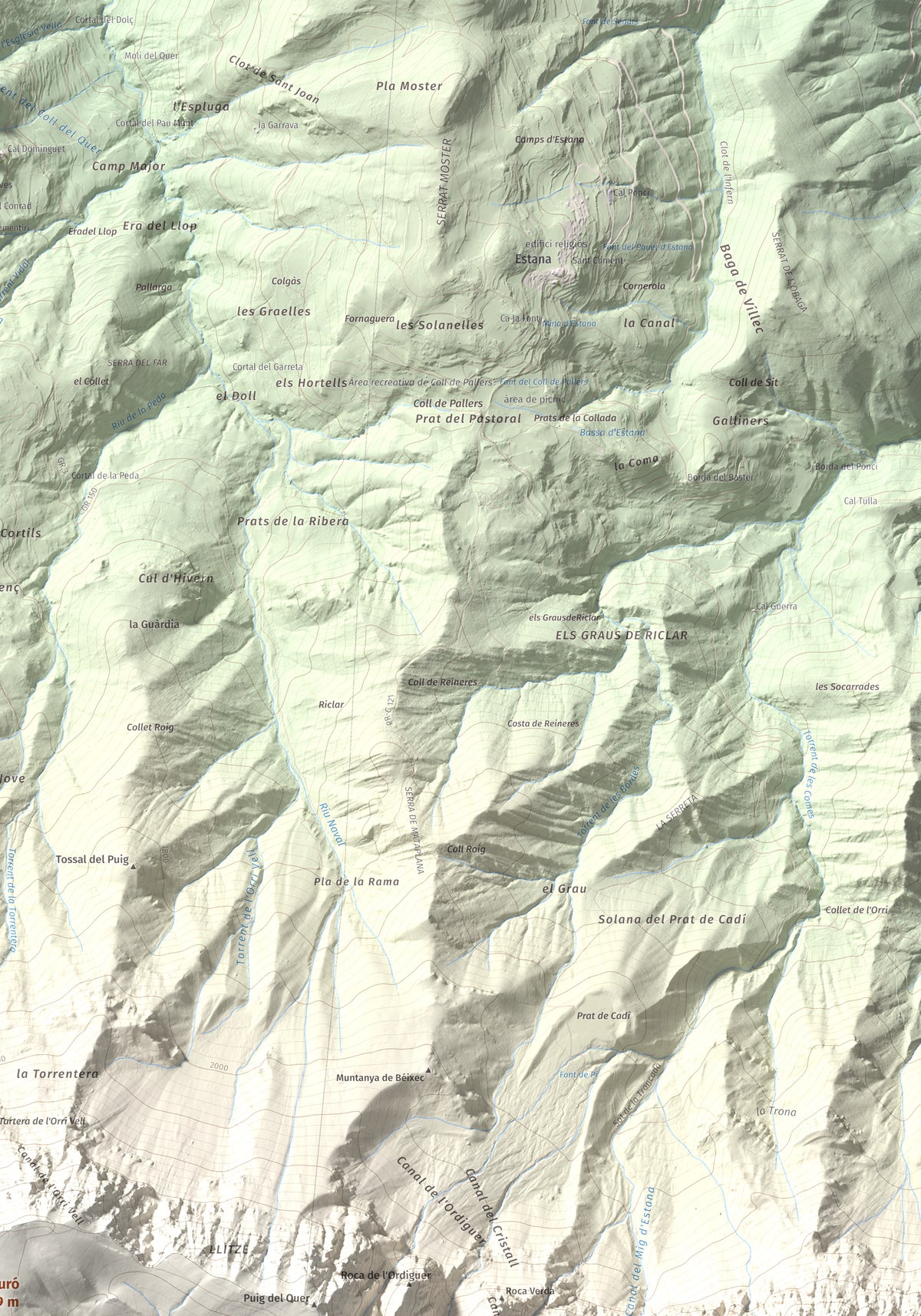 Mapa de relieve de Vulturó, 2649 m, Alt Urgell, lámina 100 Cims de Trobart. Detalle de la zona superior derecha. 70 × 100 cm.