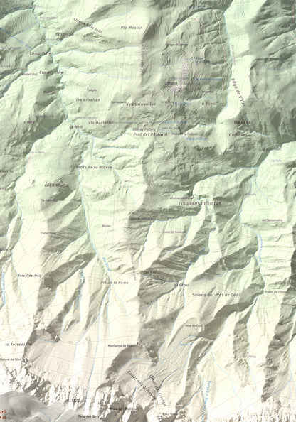 Mapa de relieve de Vulturó, 2649 m, Alt Urgell, lámina 100 Cims de Trobart. Detalle de la zona superior derecha. 70 × 100 cm.