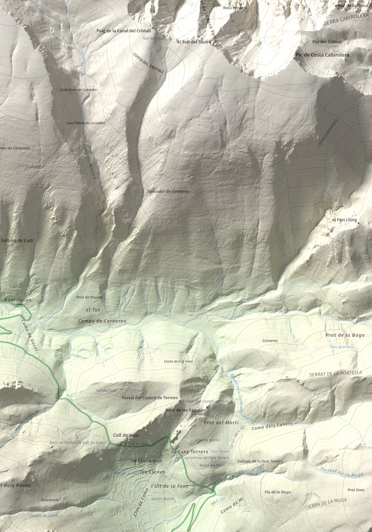 Mapa de relieve de Vulturó, 2649 m, Alt Urgell, lámina 100 Cims de Trobart. Detalle de la zona inferior derecha. 70 × 100 cm.