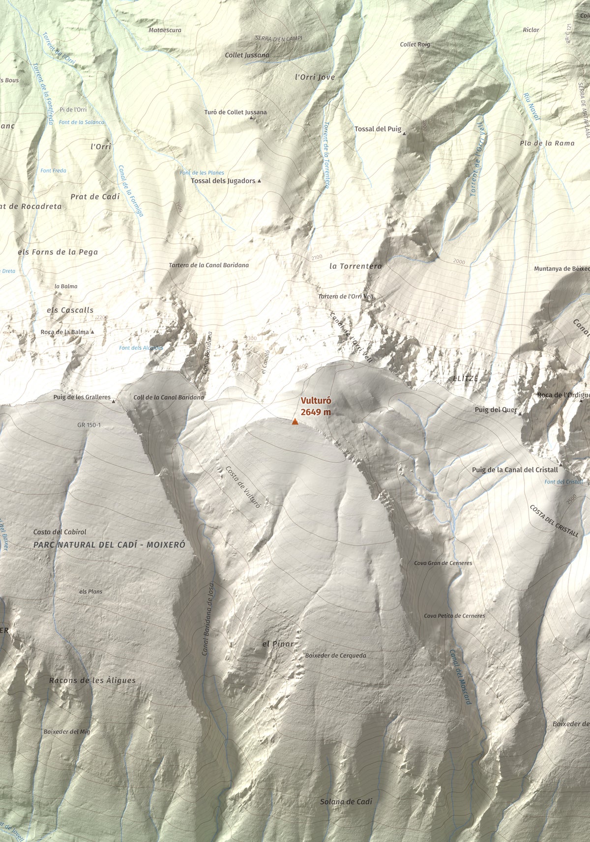 Mapa de relieve de Vulturó, 2649 m, Alt Urgell, lámina 100 Cims de Trobart. Detalle de la zona central. 70 × 100 cm.