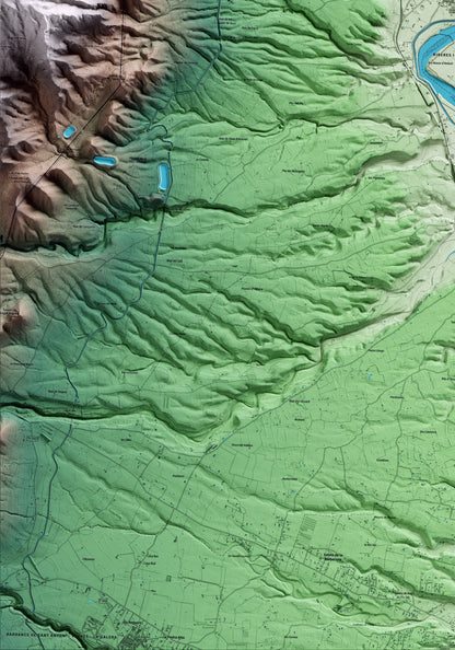 Mapa artístico del relieve de Xerta, al Baix Ebre, con 15 km de entorno y base topográfica ICGC. Detalle de la zona inferior izquierda.