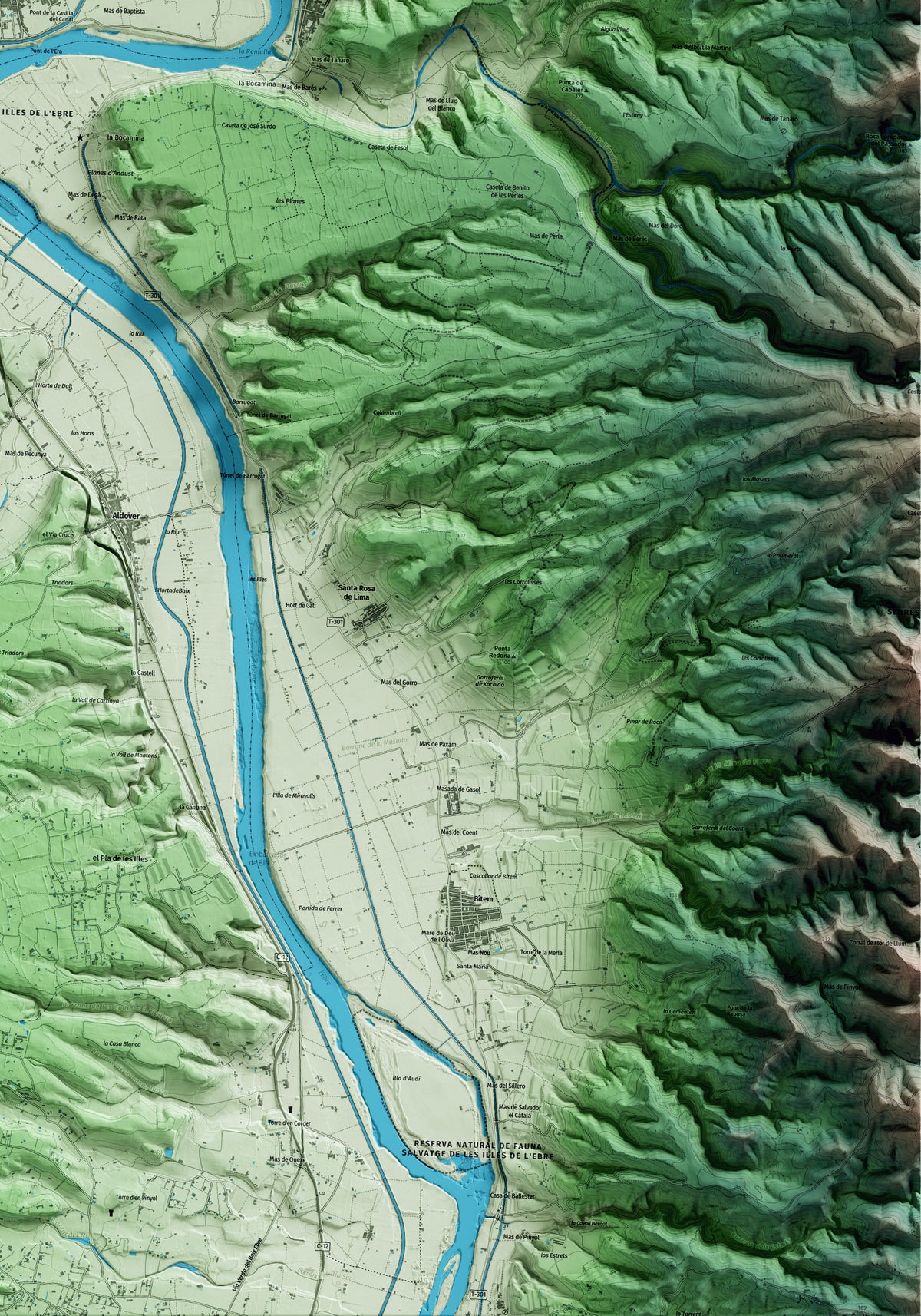 Mapa artístico del relieve de Xerta, al Baix Ebre, con 15 km de entorno y base topográfica ICGC. Detalle de la zona inferior derecha.