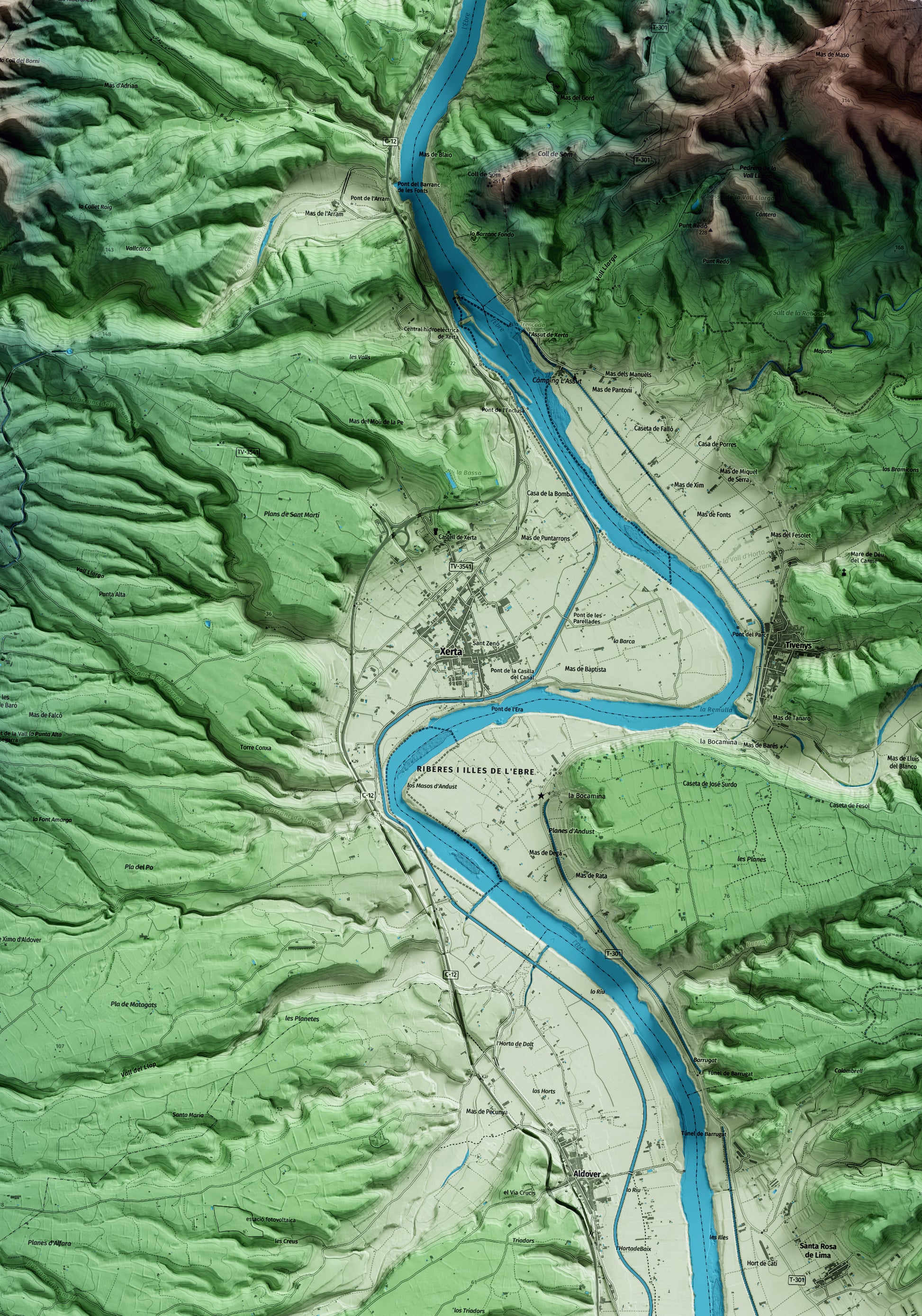 Mapa artístico del relieve de Xerta, al Baix Ebre, con 15 km de entorno y base topográfica ICGC. Detalle de la zona central.